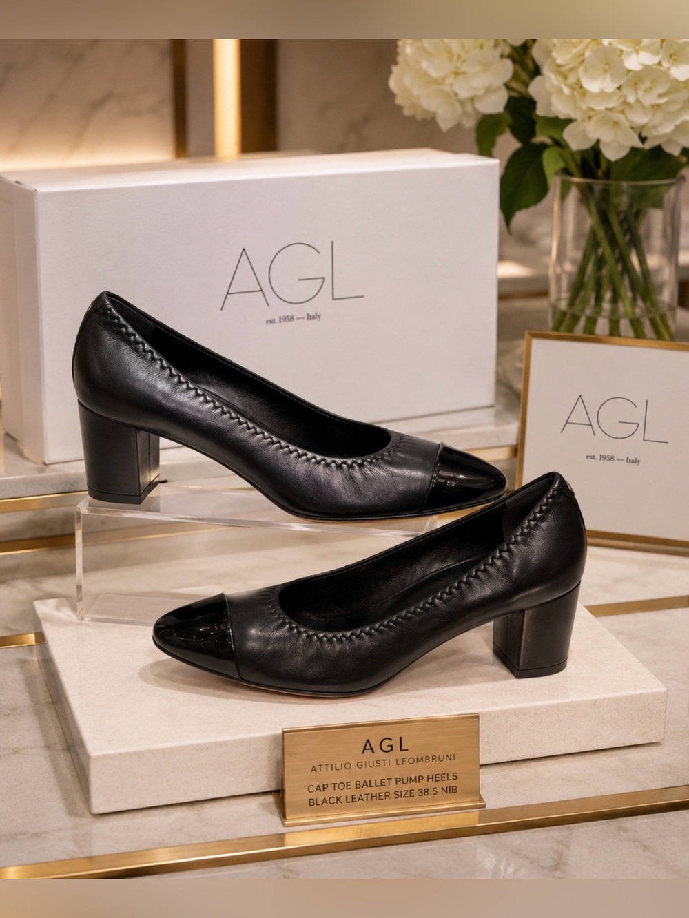 AGL ATTILIO GIUSTI LEOMBRUNI Cap Toe Pump Heel Shoes Black Leather NEW 38.5
